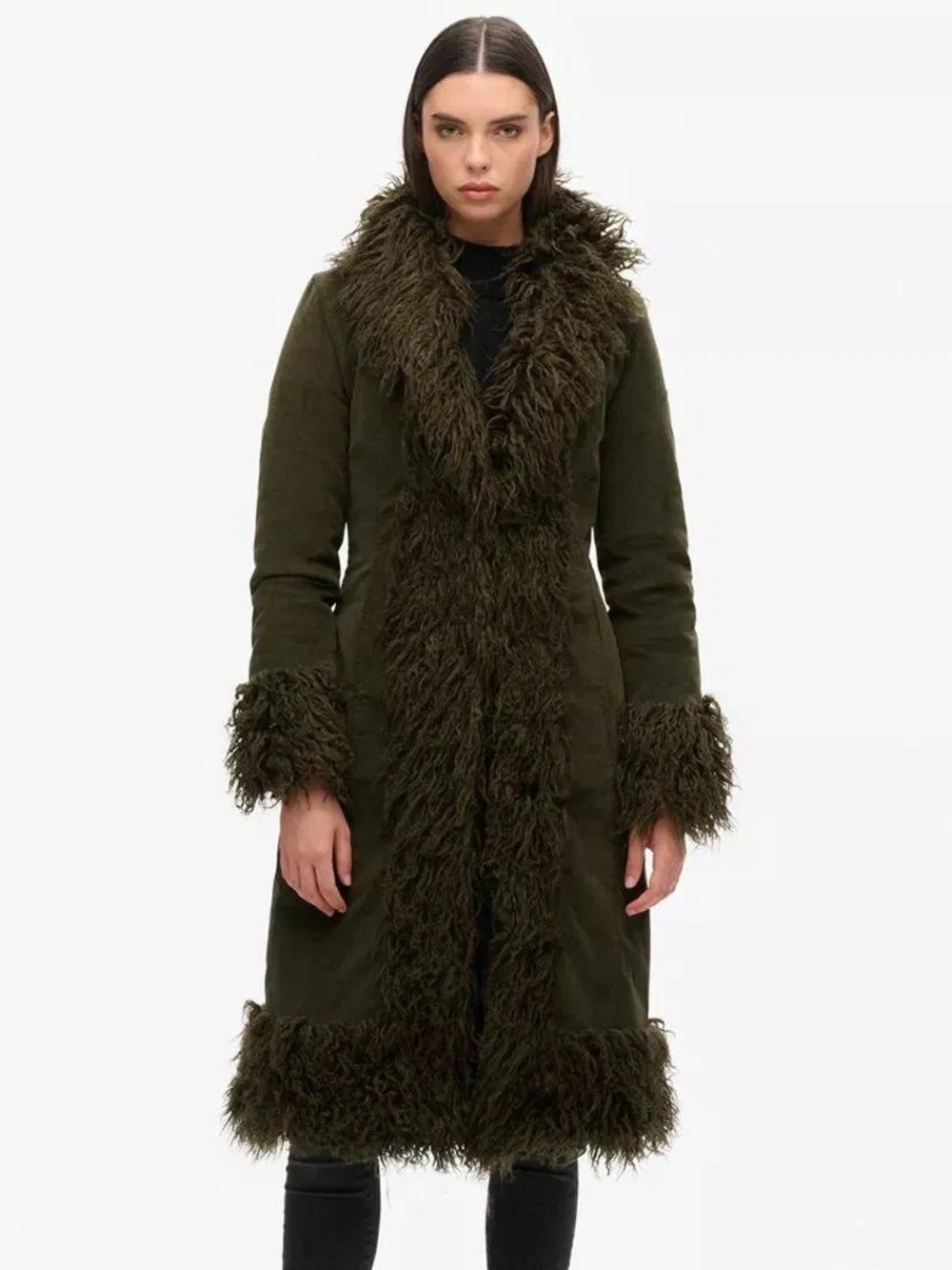 Scotch & Soda Y2K Brown Faux-Shearling Trim Long Penny Lane Coat Medium